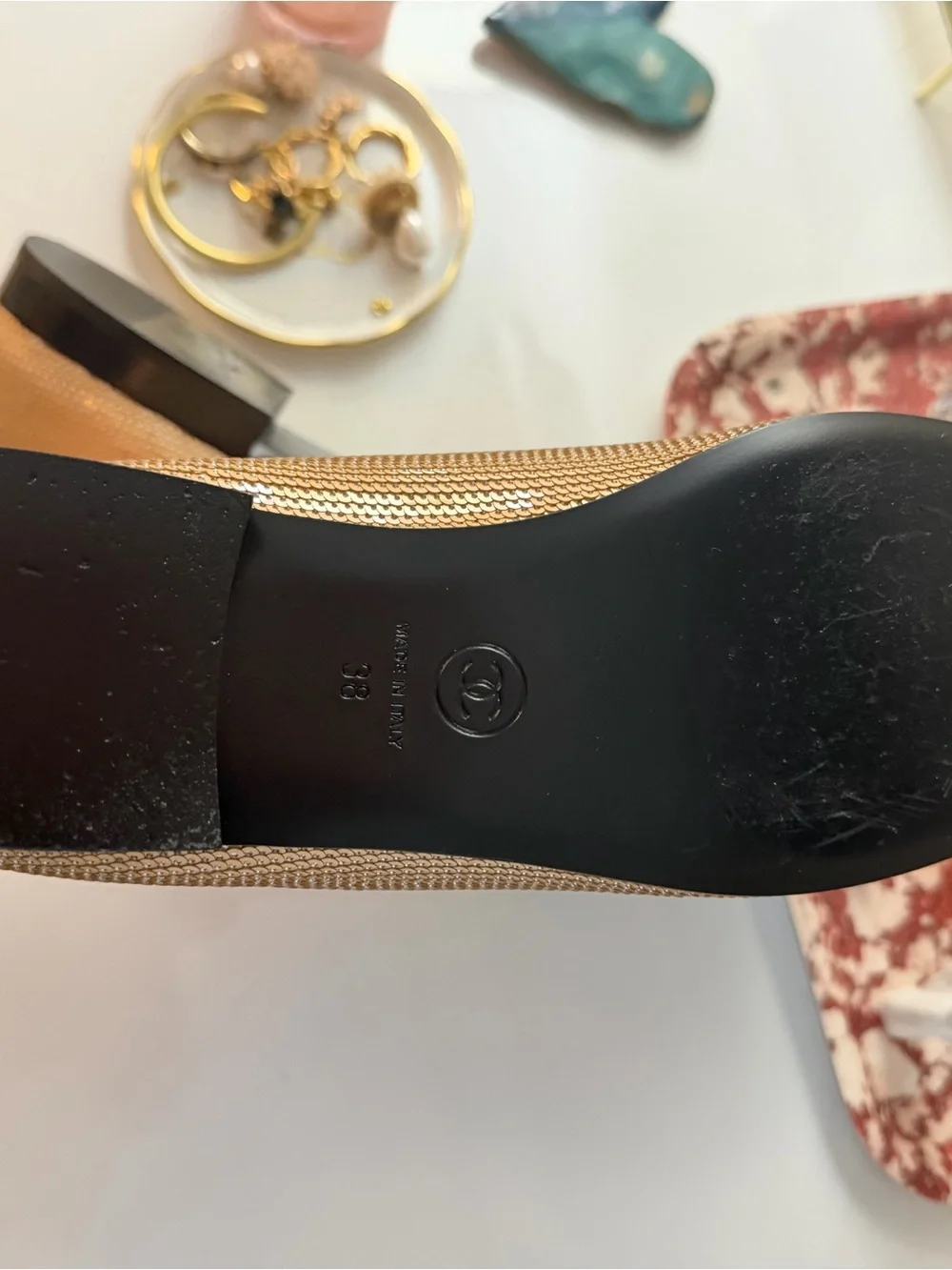 CHANEL Beige and Black Cap-Toe Ballet Flats with Bow